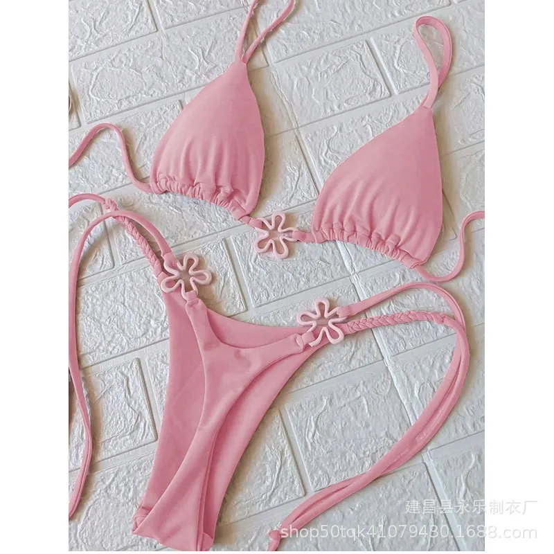 Woman 2026 Bikini Triangle Top Pink Thong Bottom Bikinis Flower Charm Braided Strap Swimwear Red Black Two Piece Swimsuit