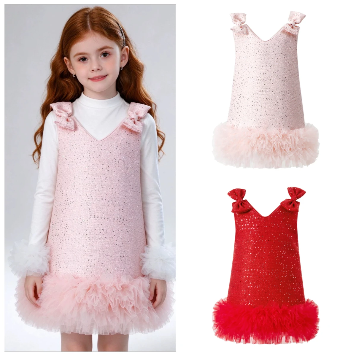 Toddler Girls Tweed Sequin Princess Dress Autumn Winter Sleeveless V Neck Bow Strap Tulle Hem Kids Party A Line Vest Dress JY15