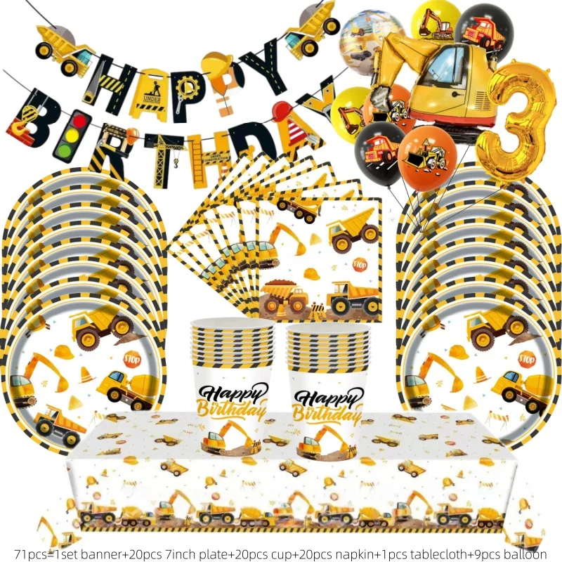 71pcs Construction Birthday Party Supplies Tractor Excavator Paper Plate Cup Birthday Banner Truck Tablecloth For Kid Birthday