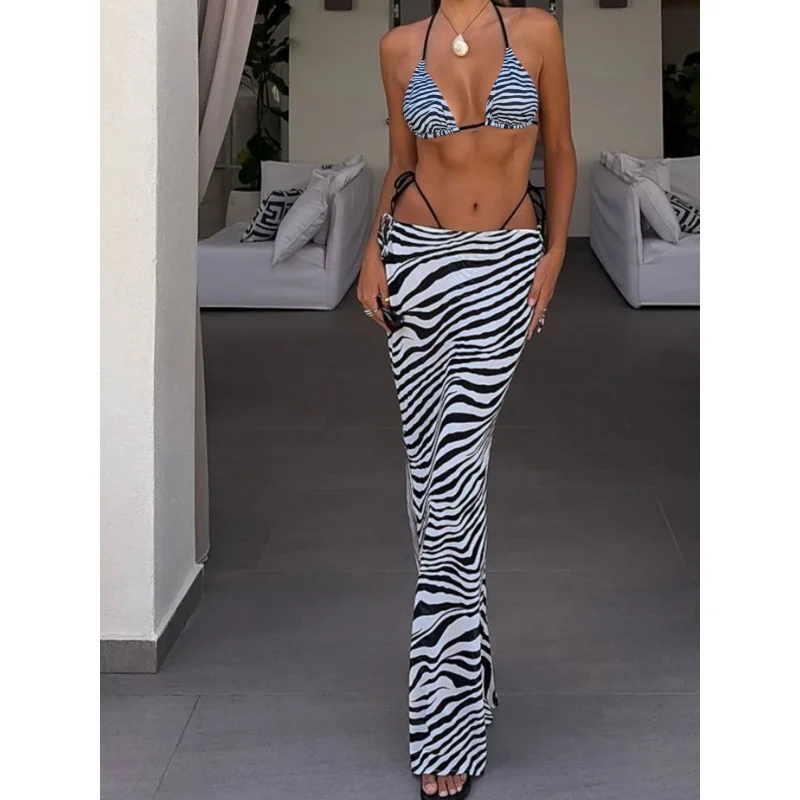 Nuova borsa morbida modello zebrato con scollo all'americana allacciatura sexy elegante bikini da festa set da tre pezzi