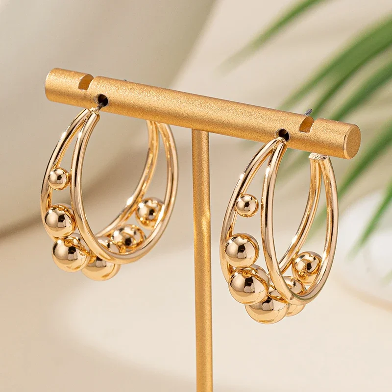 New Design Gold-plated Metal Beads C-shaped Earrings for Women Party Smooth Popular Female Hoop Earrings jewelry