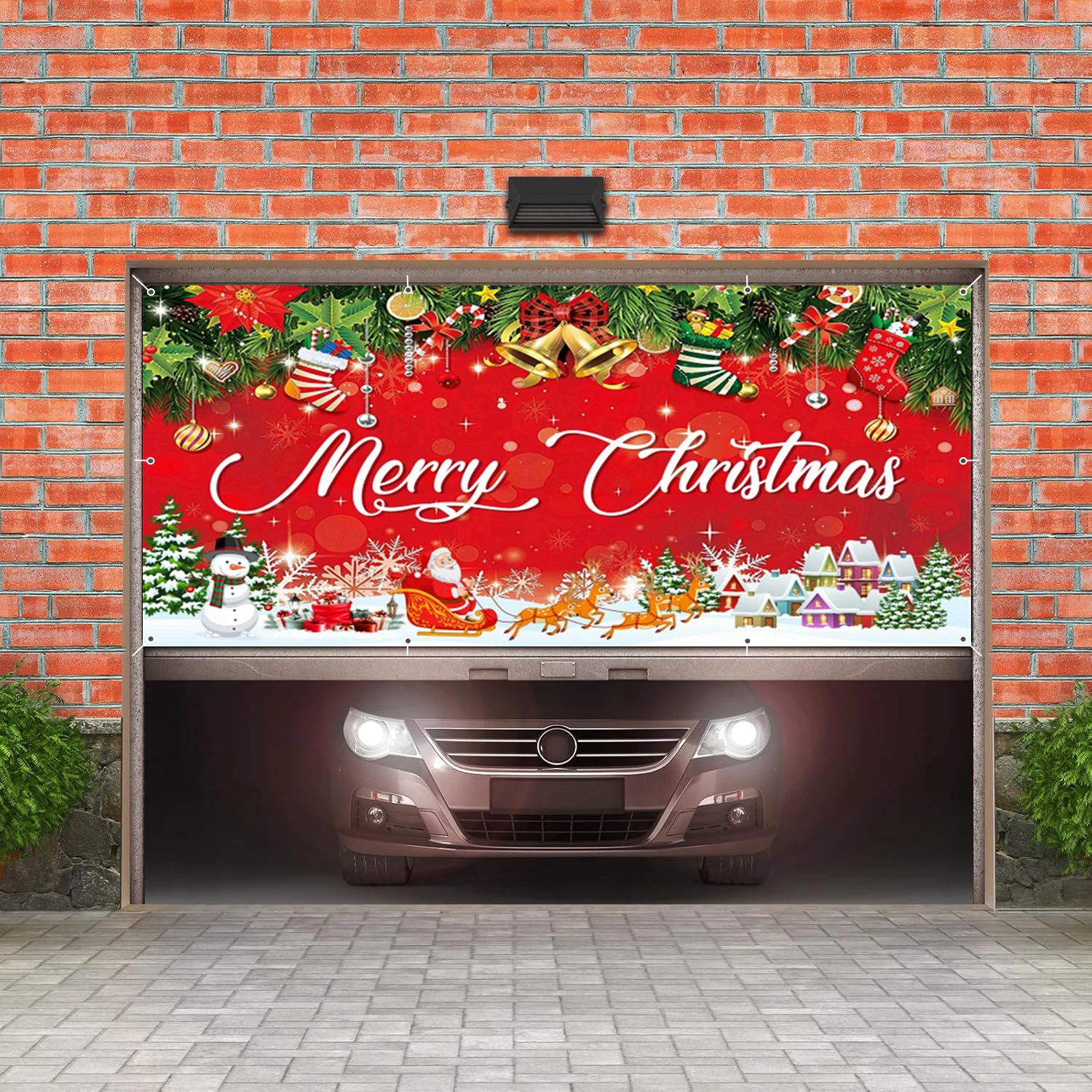 الأحمر عيد ميلاد سعيد المرآب جدار خلفية الشتاء الثلوج منازل صغيرة ثلج سانتا كلوز عيد الميلاد إكليل باب المرآب الإطار مع السنانير