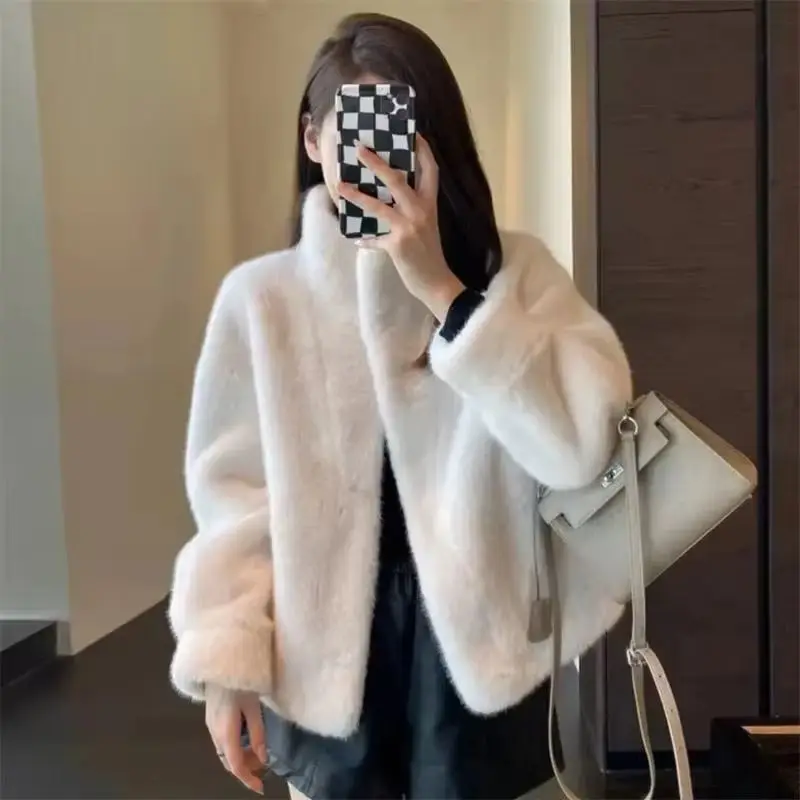 Nertsenbont Eendelige opstaande kraag bontjas voor jonge vrouwen Nertsen kort 2025, wintervrouw effen kleur Milieuvriendelijke losse bontjas
