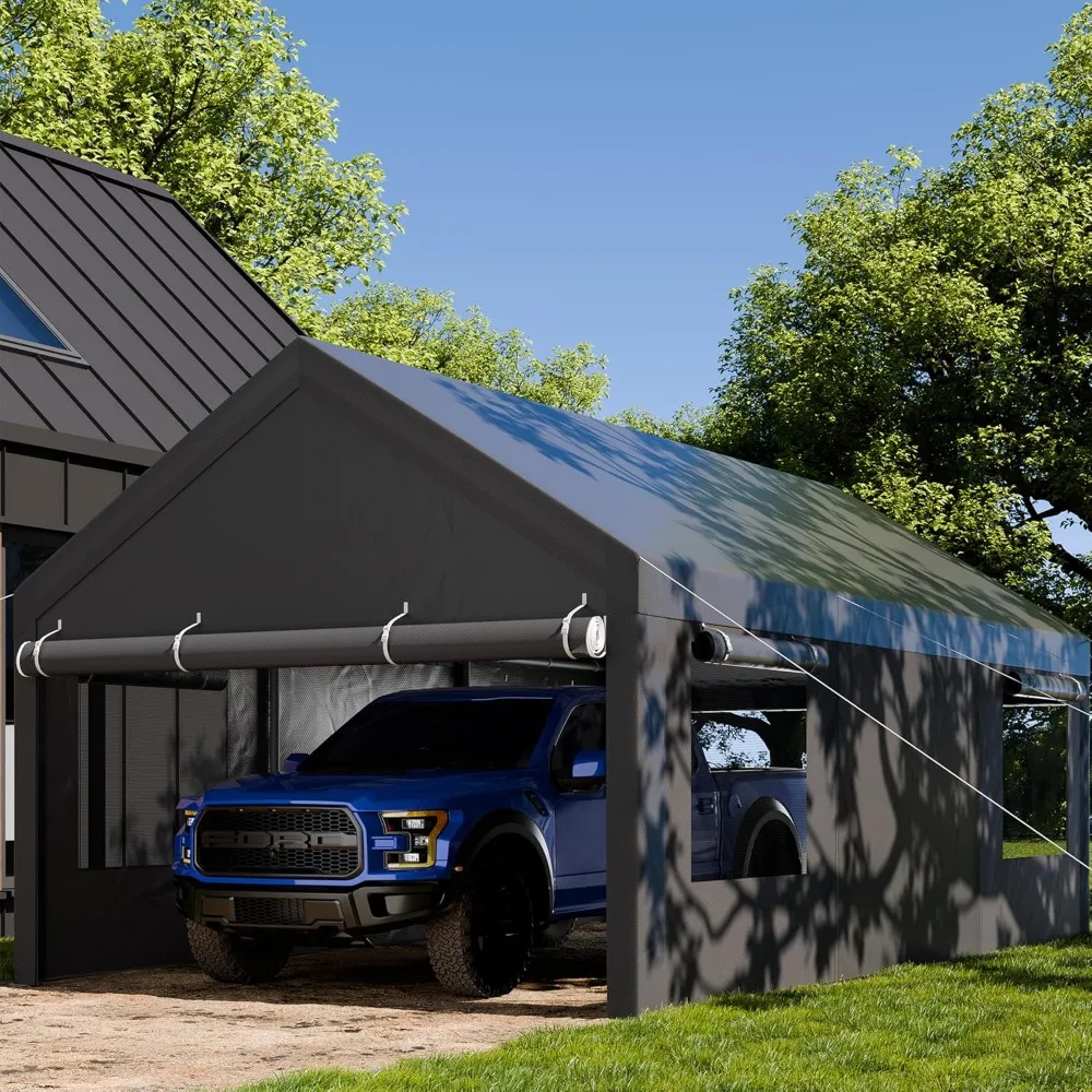 Carport, 12x20 ft Heavy Duty Carport Canopy with Roll-up Windows, Portable Garage with Removable Sidewalls & Doors, Car Canopy