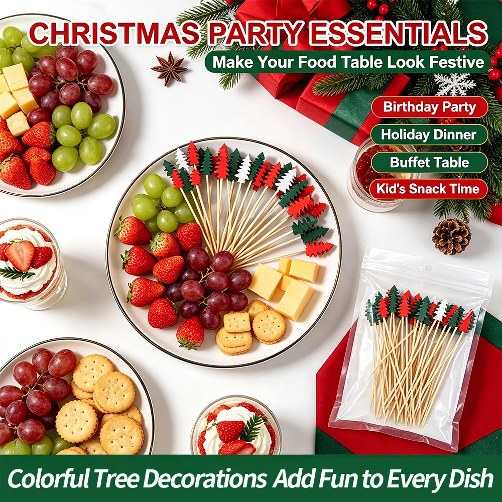 100PCS Disposable Christmas Tree Cocktail Picks, Colorful Decorative Bamboo Sticks, Holiday Food Garnish for Xmas Gathering, Fruit, Desserts, Drink Decoration - view 2