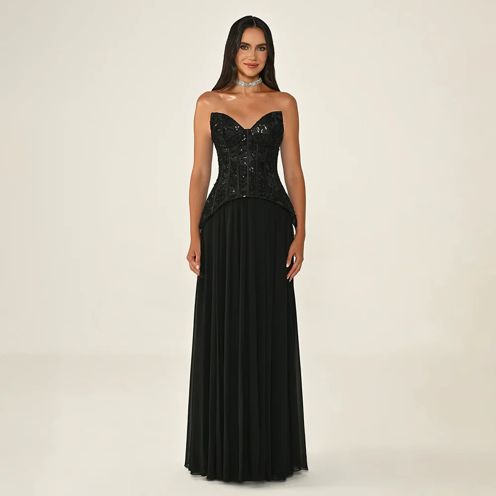 

Black Corset Evening Dresses for Women Strapless Backless A Line Chiffon Prom Dresses Floor Length Formal Party Gowns Customized