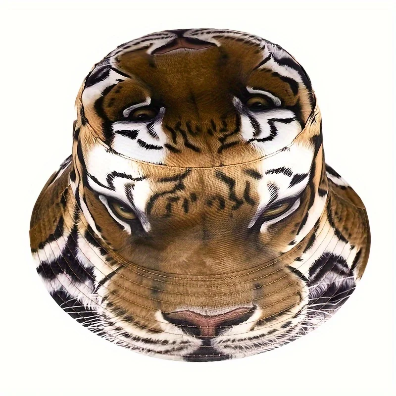 A Stylish Lightweight Fisherman'S Hat Featuring a Full Tiger Pattern Perfect for Outdoor Sun Protection