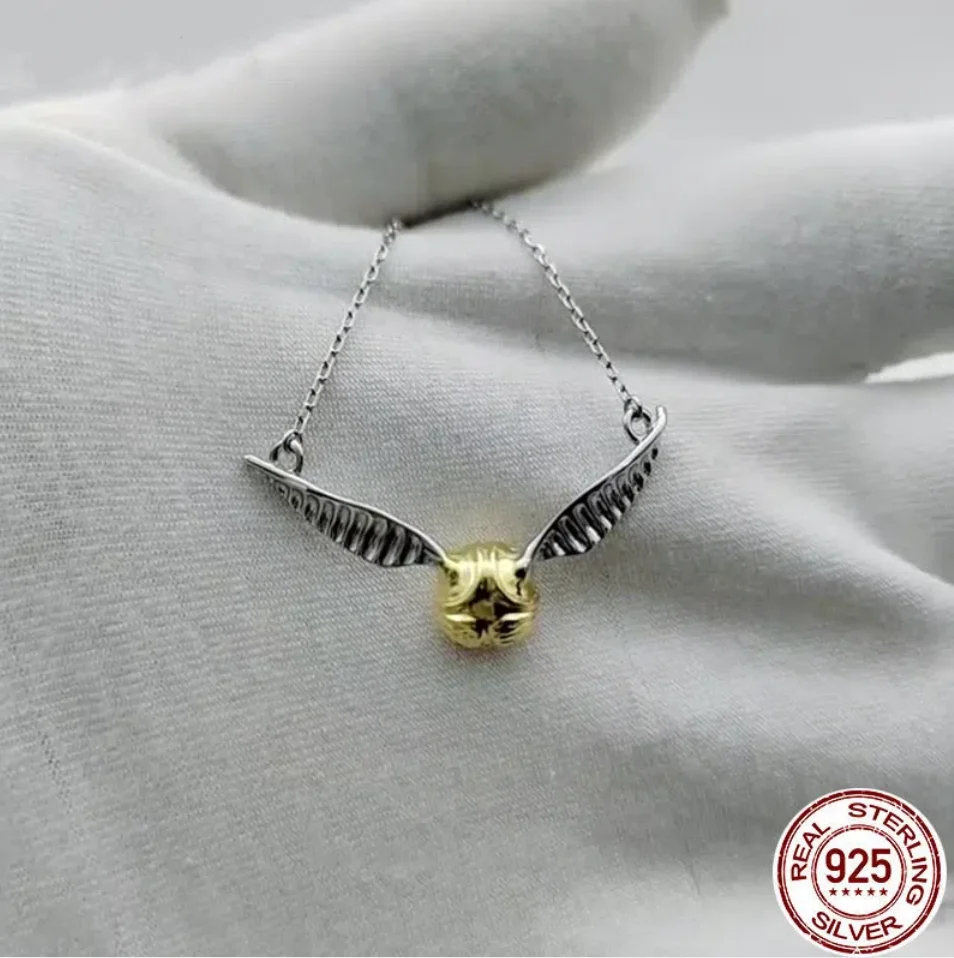 100% 925 Pure Silver Golden Snitch Pendant Necklace The Deathly Hallows Wing Charm Quidditch Gold Color Snitch Necklace