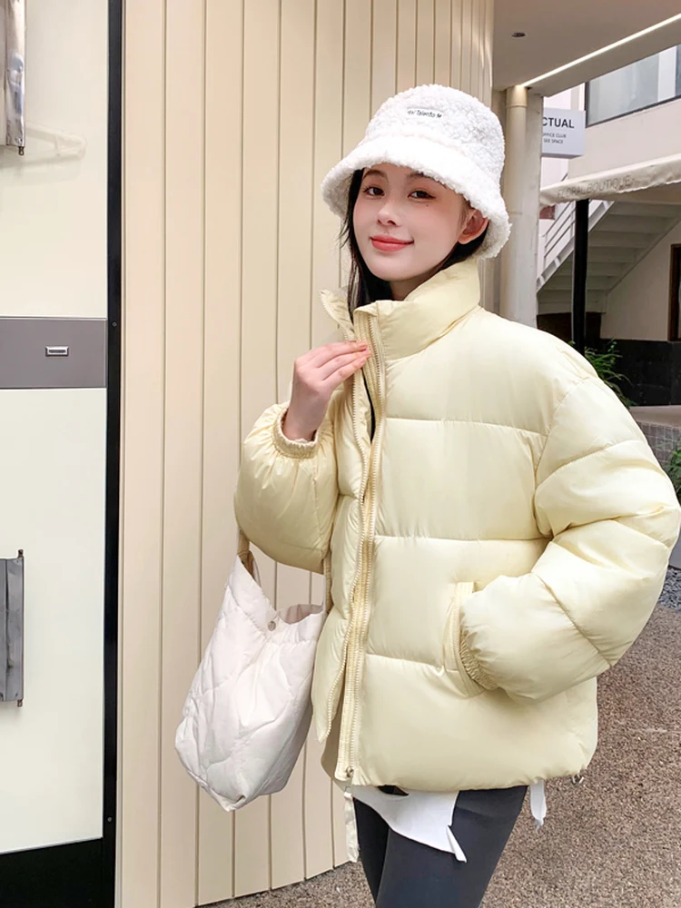 

ort Повседневное свободное однотонное пальто для женщин, зимнее новое хлопковое пальто маленького размера в Корейском стиле, свободная посадка на молнии