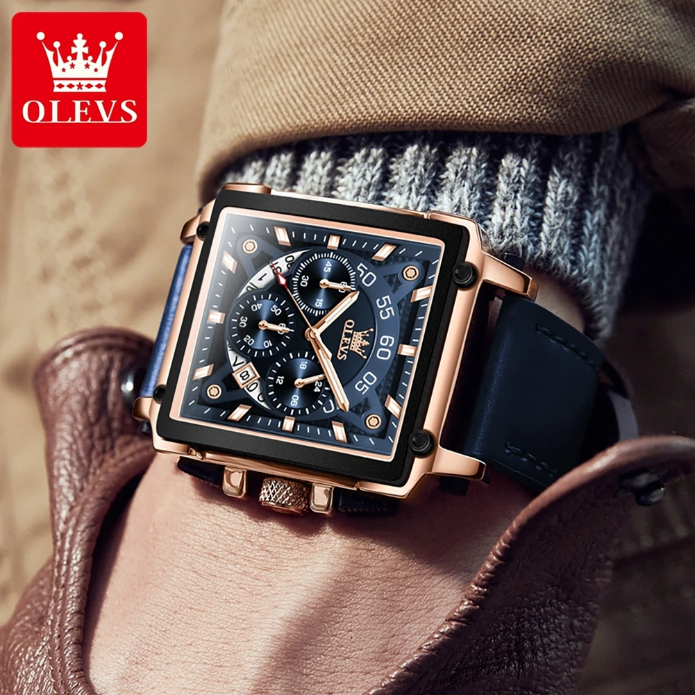 OLEVS 9919 Quartz Watch for Men Chronograph Multifunctional Wristwatch Leather strap Square Big Dial Leisure Sports Mens Watches