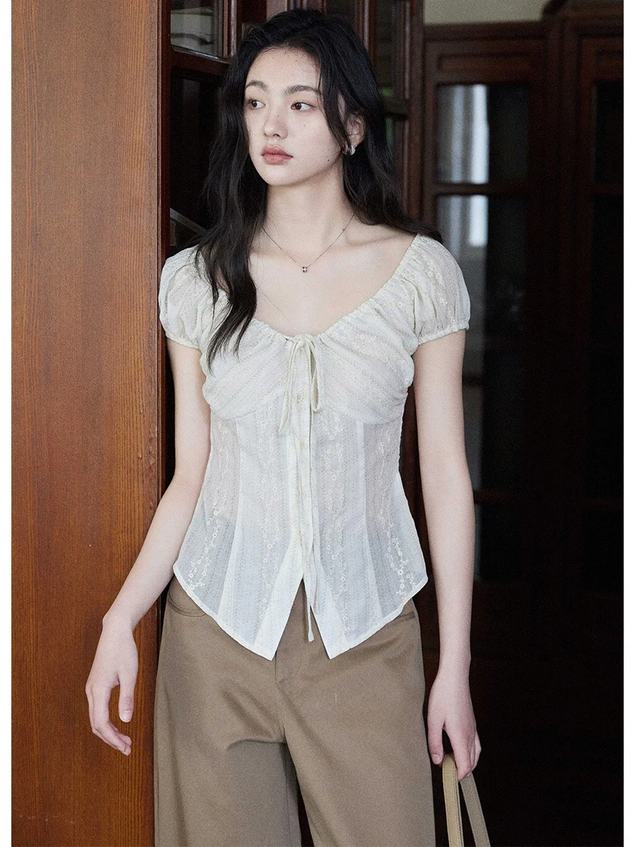 

Elegant Embroidered Milk Silk Vest Top with Pleated V-Neck Two-Piece Set Women's Commute Style Slim Fit Bubble Sleeve Blouse