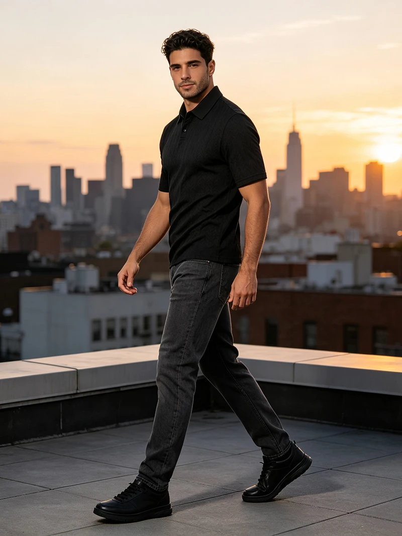 Herren-Poloshirt mit strukturiertem Jacquard-Muster, kurzärmelig, lockere Passform, vielseitig einsetzbar, für den Alltag, für den Urlaub, für die Freizeit, für den Sommer, Freizeitoberteile – Detail 16