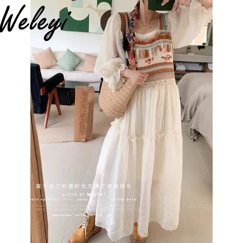 Ethnic Style Knitted Crochet Embroidery Long Dress Original French Vacation Long Lantern Sleeve Stitching Lace Mid Waist Dresses