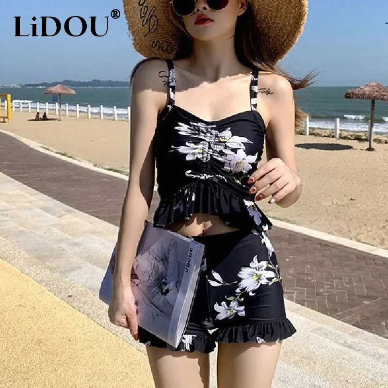 Summer Sexy Swimwear Women 3 Piece Set Vintage Print Elegant Swimsuits Fashion Sweet Hipster Y2k Floral Drape Irregular Bikinis