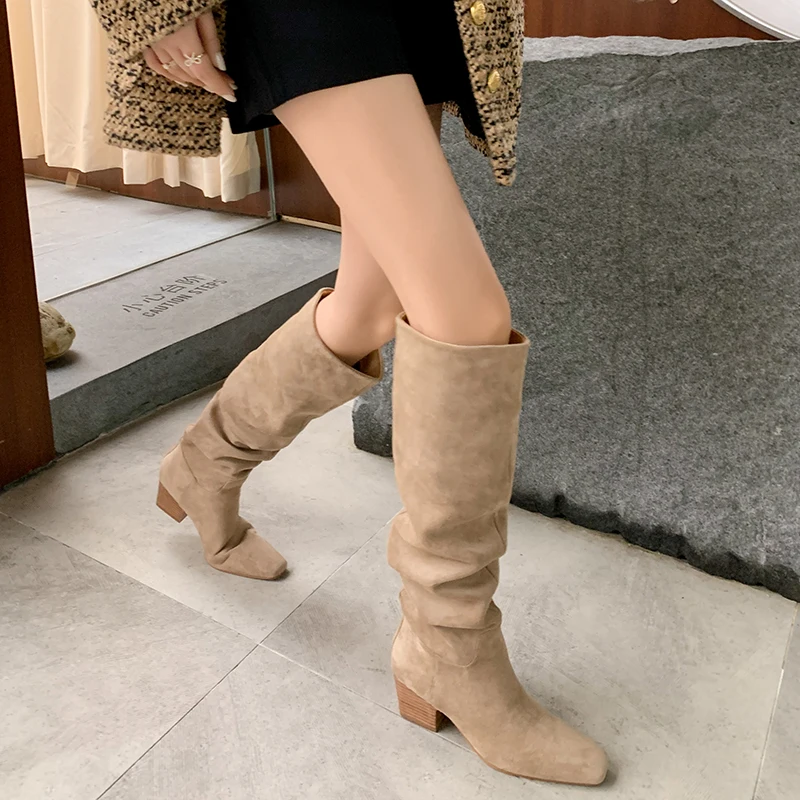 JOZHAMTA Size 34-40 Women Knee Boots Suede Leather Ruched Thick Heels Shoes Fall Winter 2025 Long Tall Boots Casual Office Dress