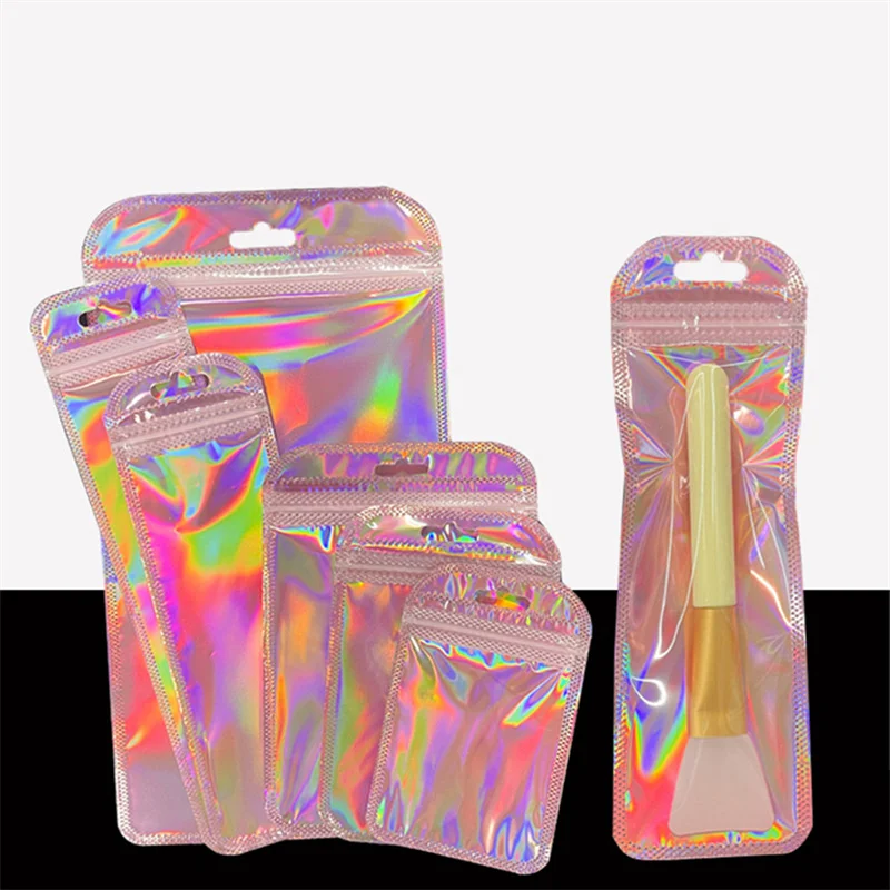 Iridescent Laser Ziplock Bags Thicken Transparent Seal Pouch For Jewelry Handicraft Nail Eyelash Storage Packaging Accessory