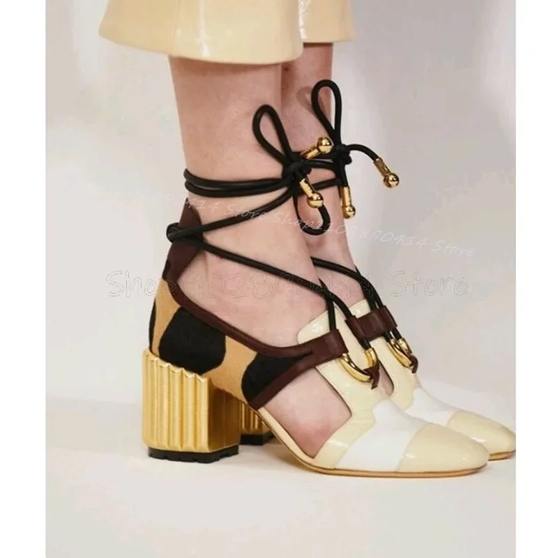 

Metal Decor Mixed Color Patent Leather Patchwork Pumps Lace Up Women Shoes Chunky High Heels New Party 2025 Zapatos Para Mujere