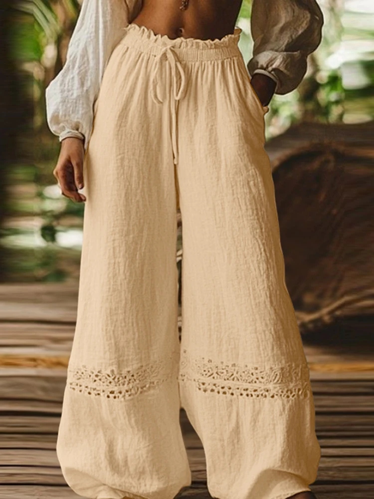 

Vintage Lace Pants Solid Color Women Lace-Up Casual Loose Trousers Autumn 2025 ZANZEA Fashion Ruffles Pockets Long Bottoms