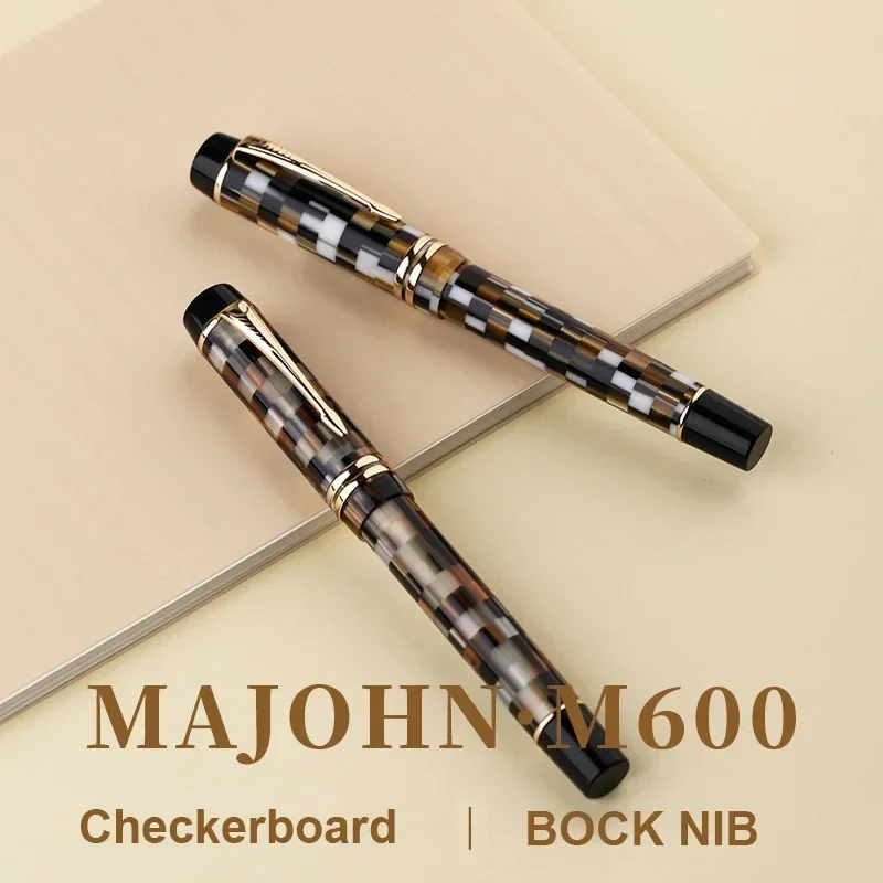 pluma-estilografica-de-resina-majohn-m600-con-convertidor-plumin-bock-con-diseno-de-tablero-de-ajedrez-de-05-mm-tinta-para-escribir-material-escolar-papeleria-regalo
