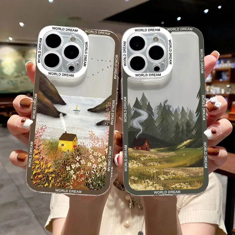 Retro Rural Scenery Painted Clear Phone Case For iphone 15 11 14 12 13 Pro Max X XR 7 8 Plus Large Flower Fields Log Cabin Cover