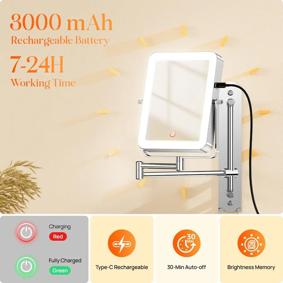Height Adjustable Wall Mounted Lighted Makeup Mirror with Hooks, 3000mAh Rechargeable with 1X 10X Magnification, 3 Light Colors