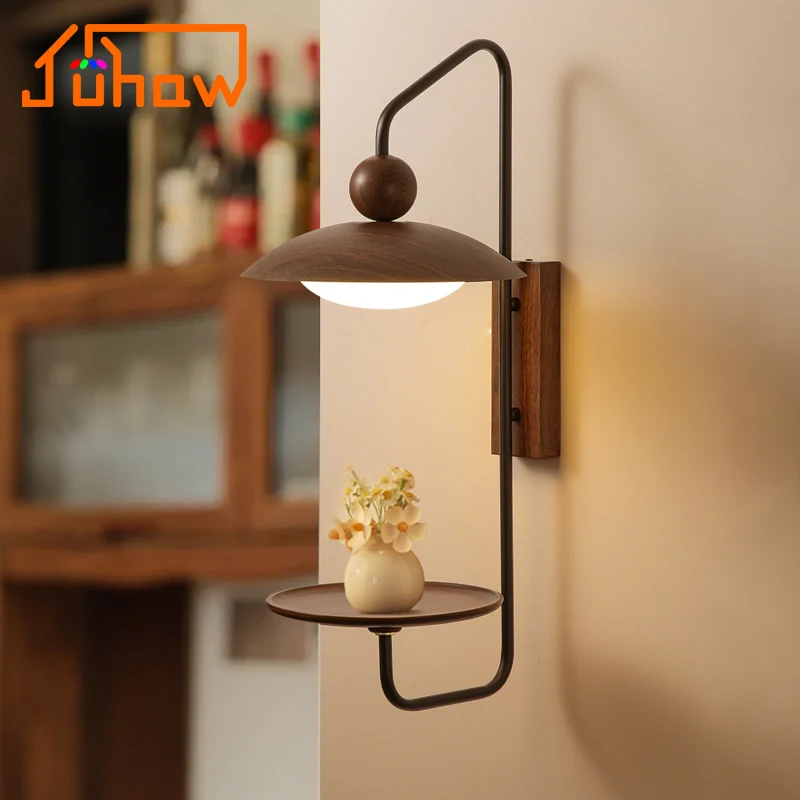 

New Mid-Century Wall Lights Solid Walnut Wood Japanese Bedside Shelf Lamps for Study Bedroom Living Background Entryway Lighting