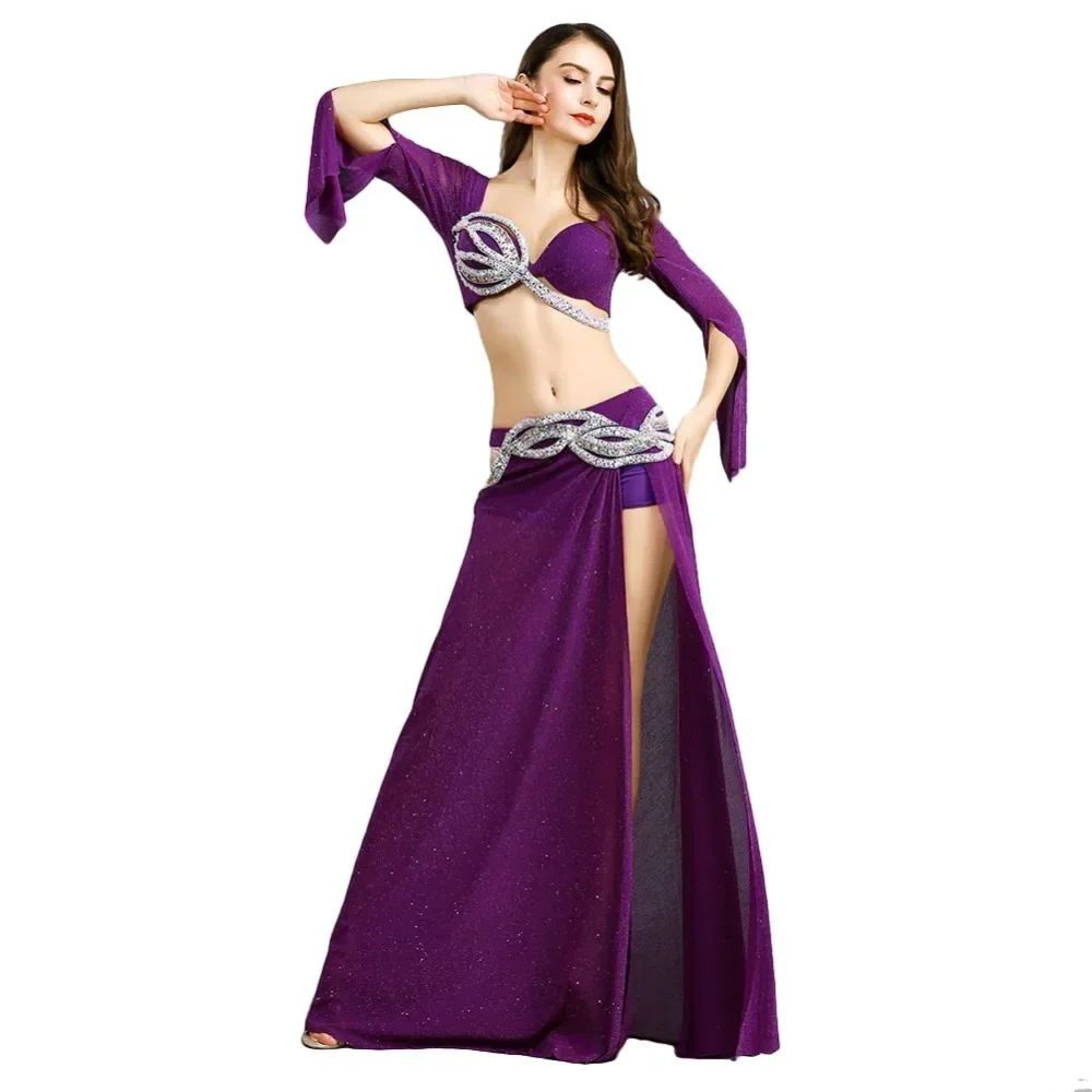 Elegant Women Professional Belly Dance Costume Handmade 2 Pieces Set Bra + Skirt Luxury Indian Beading Professional Christmas Pa