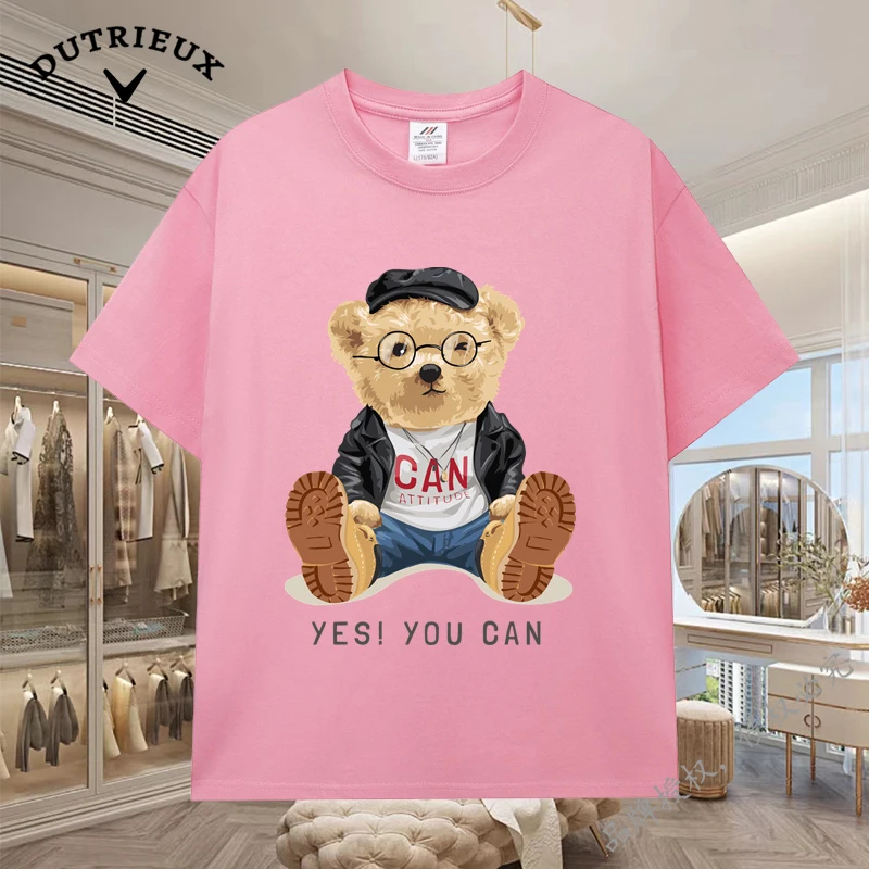 2024 New Luxury Bear Short Sleeved Men's and Women's Loose 230g Fabric weight Cotton Versatile Round Neck Breathable Inner Layup