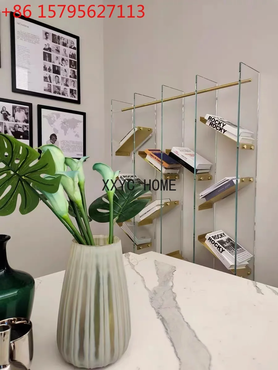 Stainless Steel Light Luxury Tempered Glass Floor Bookshelf Creative Bookcase Display Display Shelf