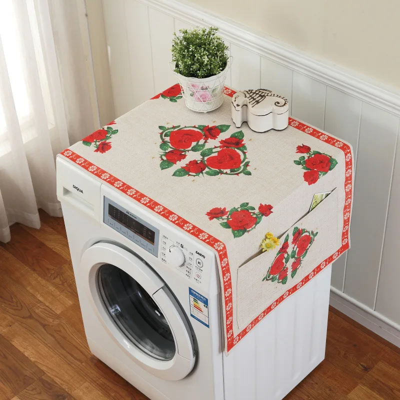Taobao Printed Linen Refrigerator Cover Washing Machine Cover Multi-Purpose Cover Cloth Pocket Dust Cover Cross-Border One Piece image 4