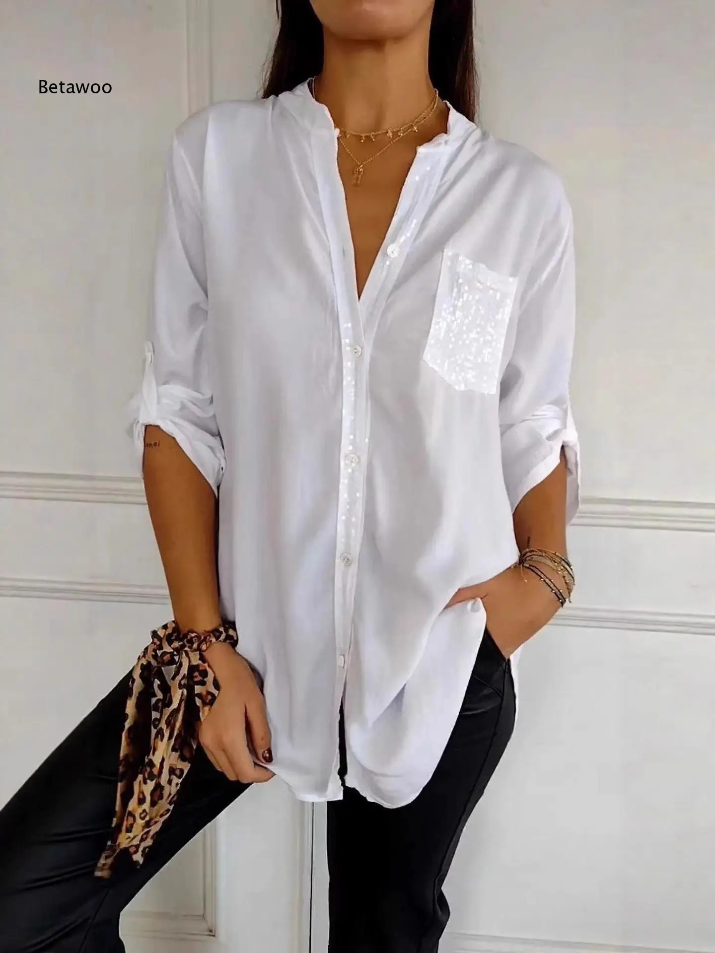 

White Stand Collar Long Sleeve Shirt Sequin Chest Pocket Roll Up Cuff Split Hem Loose All Match Women Blouse