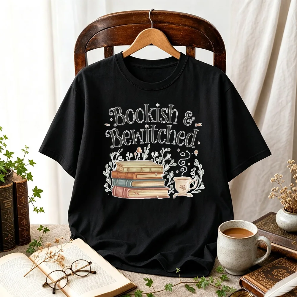 Women Bookish & Bewitched Stacked Books Teacup Mushroom Floral T-Shirt Book Lover Vintage Witchy Bookish Cottagecore Casual Tops