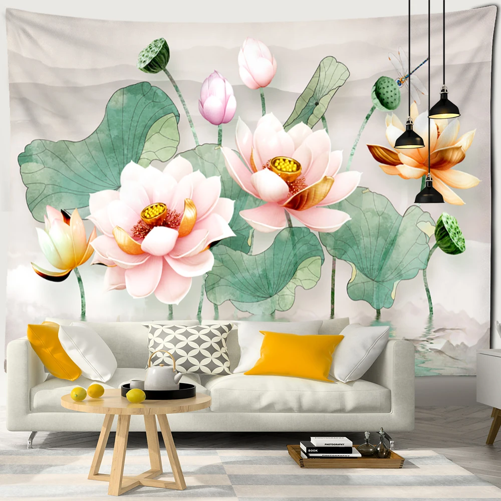 Tinte Lotus Wandbehang Wandteppich Boho Koi Tuschemalerei Ästhetische Raumkunst Psychedelic Hippie Home Decor