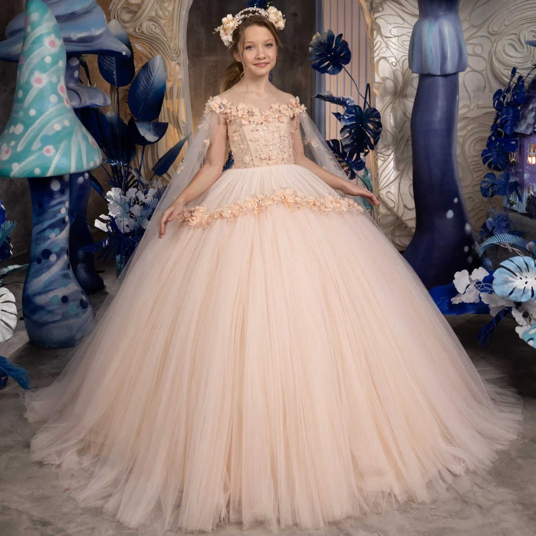 

Customized Flower Girl Dress Blush Tulle Flowers Appliques With Shawl Sleeveless For Wedding Birthday Prom Banquet Princess Gown