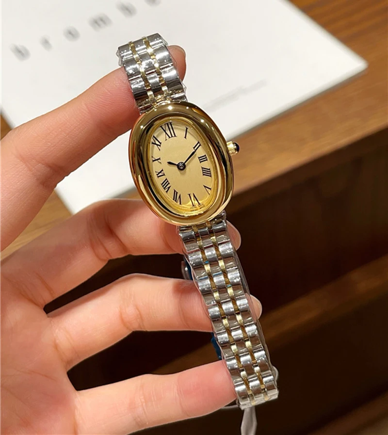 أزياء العلامة التجارية ساعات المعصم امرأة فتاة البيضاوي نمط الكوارتز الصلب المعادن الفرقة الفاخرة على مدار الساعة CA190