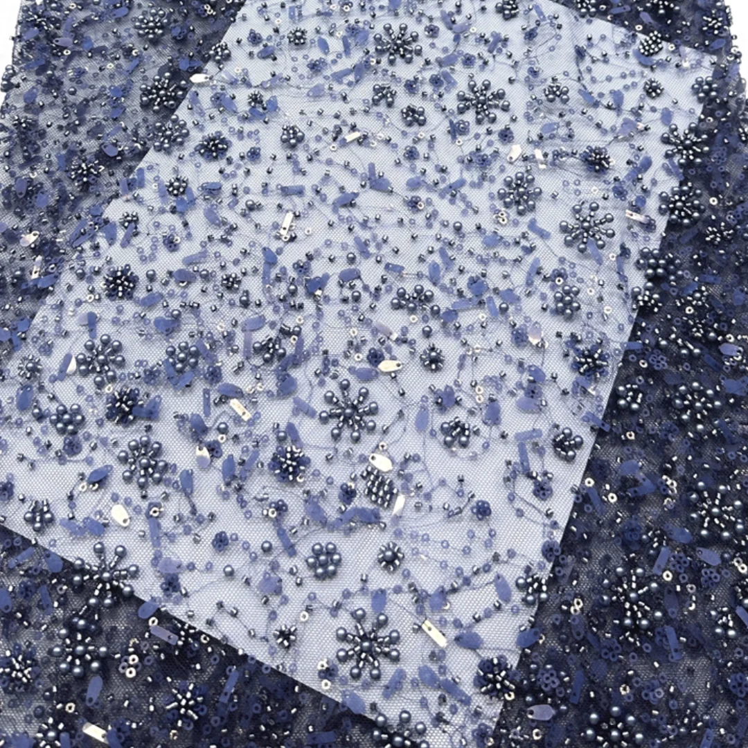 

Delicate Snowflake Sequins Mesh Lace Fabric French Dense Snowflake Beaded Embroidered Wedding Party Evening Dress Robe Sewing