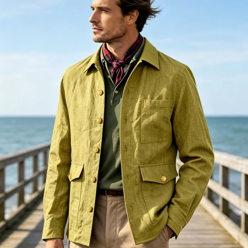 Vintage Men's Linen Jacket Lapel Collar Gold Button Casual Slim Fit Coat Lightweight Breathable for Formal Daily Office Wear