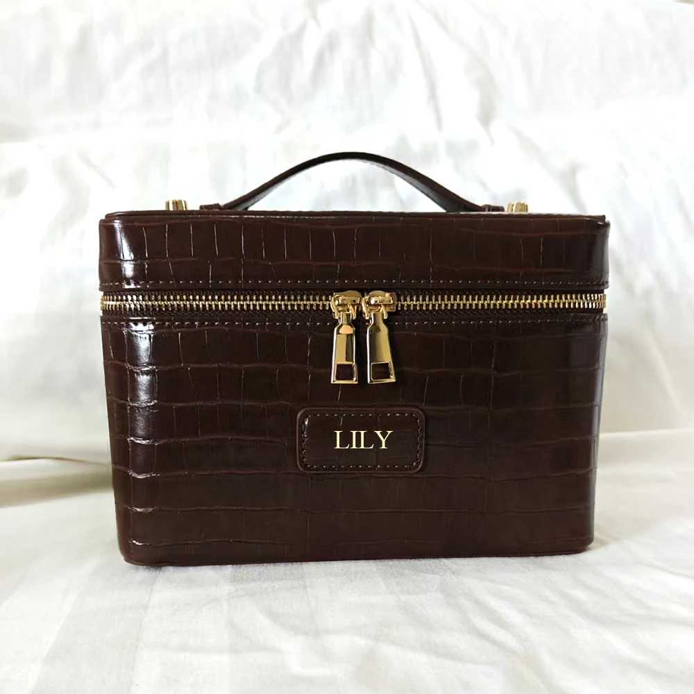 Personalize Name Crocodile Makeup Toiletry Bag For Women Fashion Custom Initial Travel Portable PU Leather Female Cosmetic Box