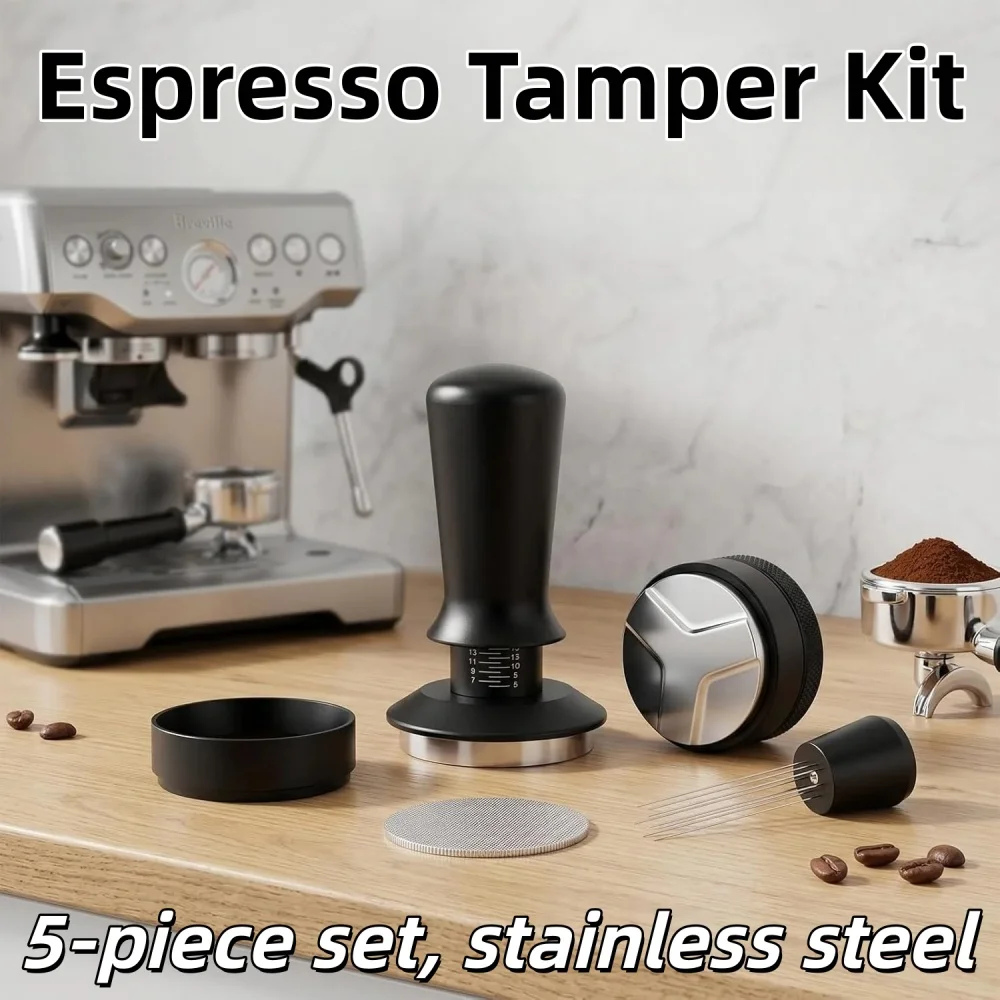 5Pcs Stainless Steel Espresso Coffee Tamper Set Barista Kit Distributor WDT Tool Station Latte Art Stencils Coffee Accessories