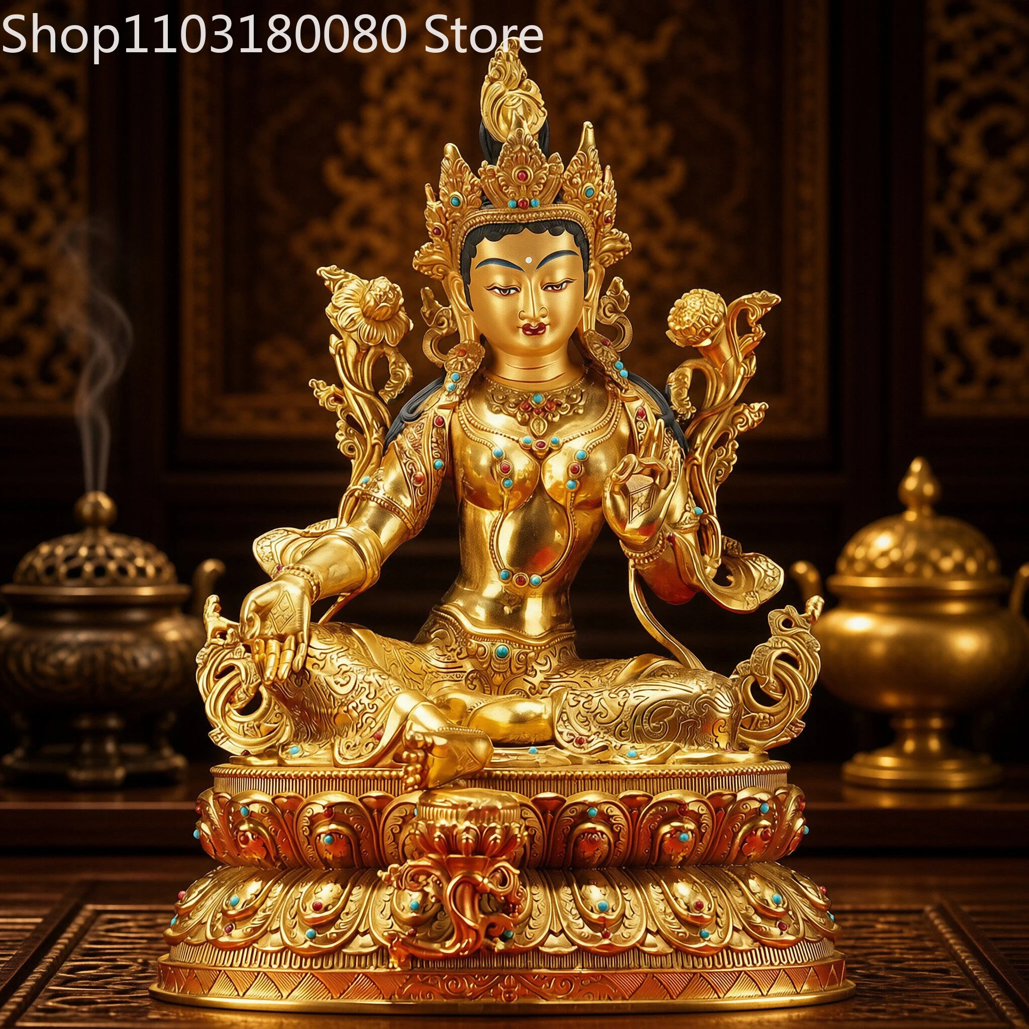 33cm Gilt Brass Green Tara Statue Tibetan Buddhist Deity Goddess of Swift Liberation Sculpture Altar Decor