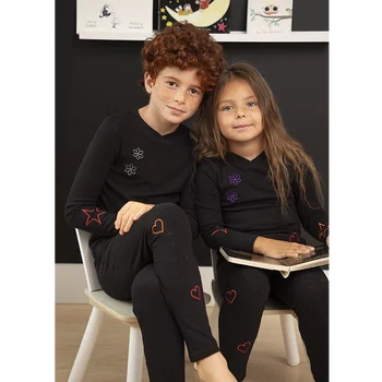 Ali-Plus Çocuklar Nakış Nervürlü Pamuk Koleksiyonu Kardeş Giyim Kız Erkek Setleri Bro Sis Pijama Kış Çocuklar Için Tam Kollu