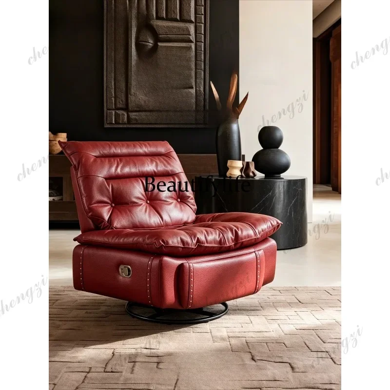K153 Italian minimalist first-layer cowhide single sofa living room balcony leather rotating function leisure chair