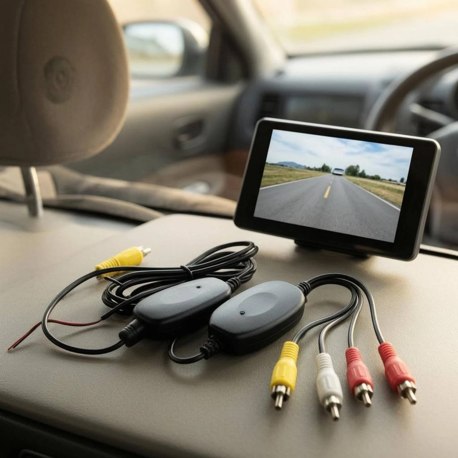 

Car Audio and Video Transmitter Receiver Inline Wireless Car Transmitter Set 2.4GHz Audio and Video Sender Long Leads