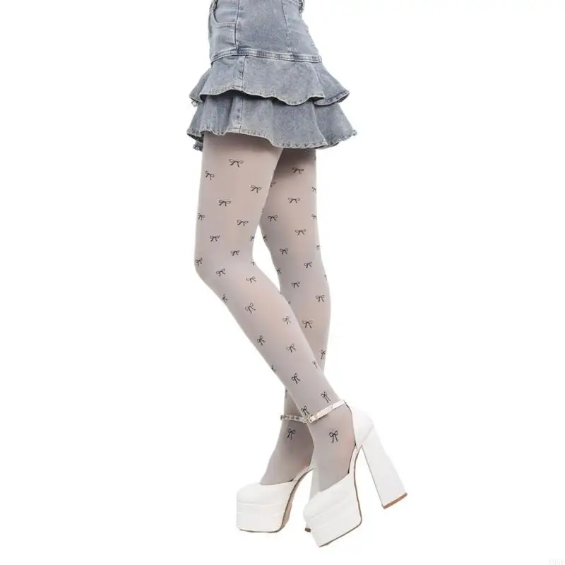 

195E Sweet Bowknot Patterned Opaque Stockings Pantyhose for Women Japanese JK Girls Sexy Silky Footed Tights Thin Hosiery