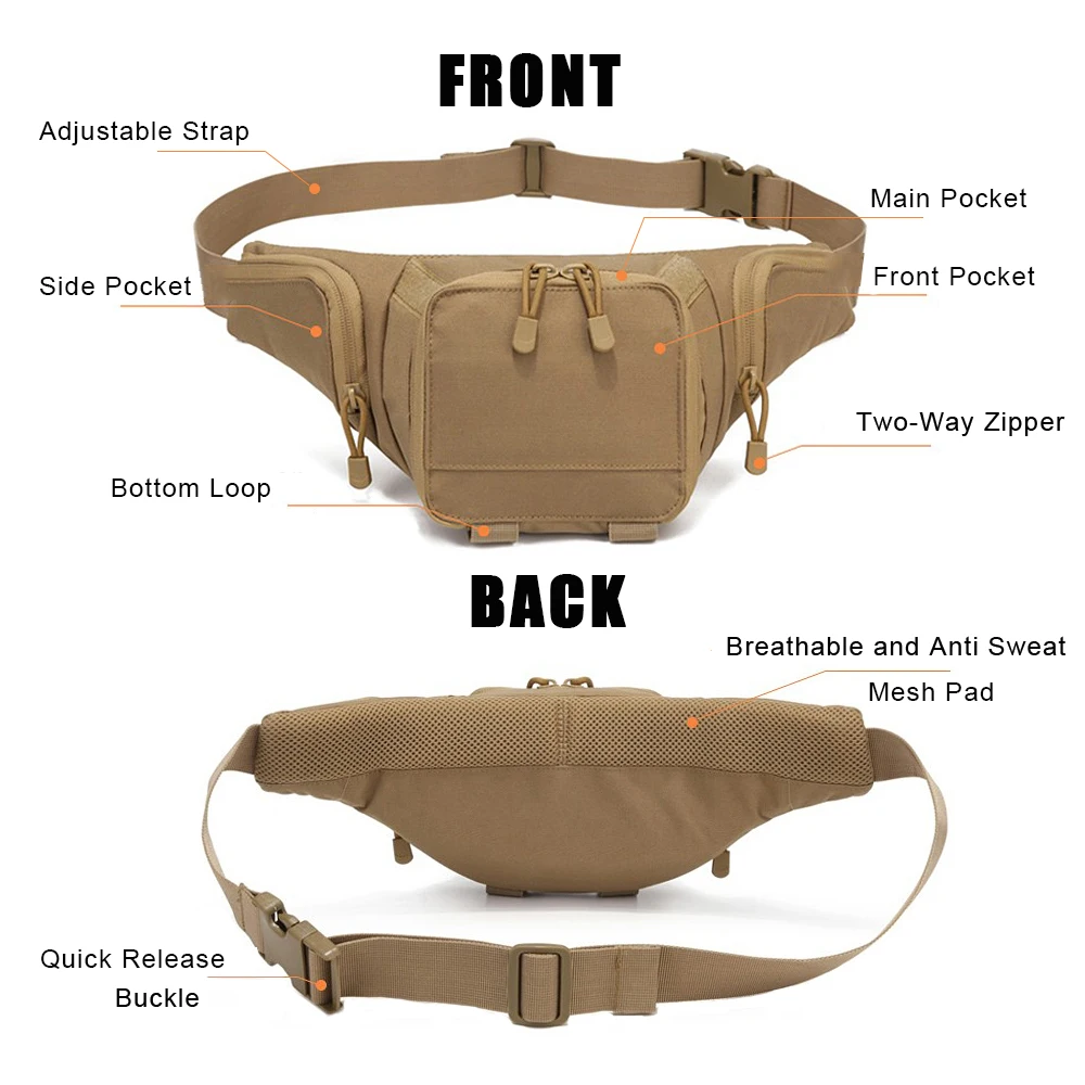 Sport Fanny Pack for Men Concealed Carry Waist Bag Hip Belt Outdoor Bumbag Waterproof Molle Pouch