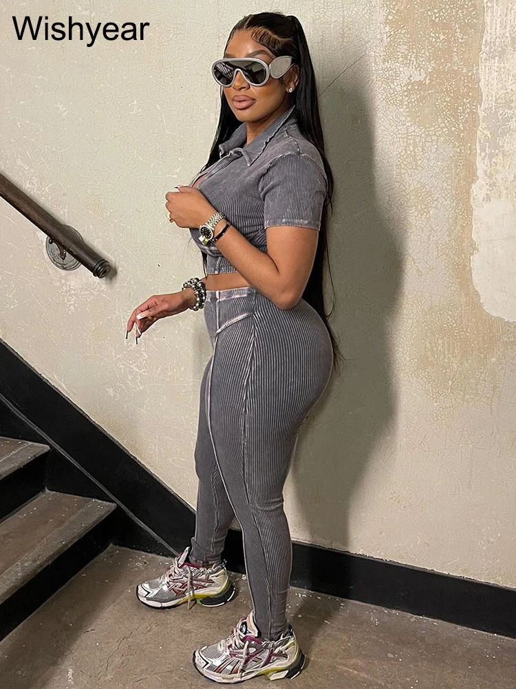 Casual Summer Gray Short Sleeve Corest Crop Top and Leggings Tracksuits Set Two 2 Pieces Pants Sets Women Ribbed Fitness Outfits