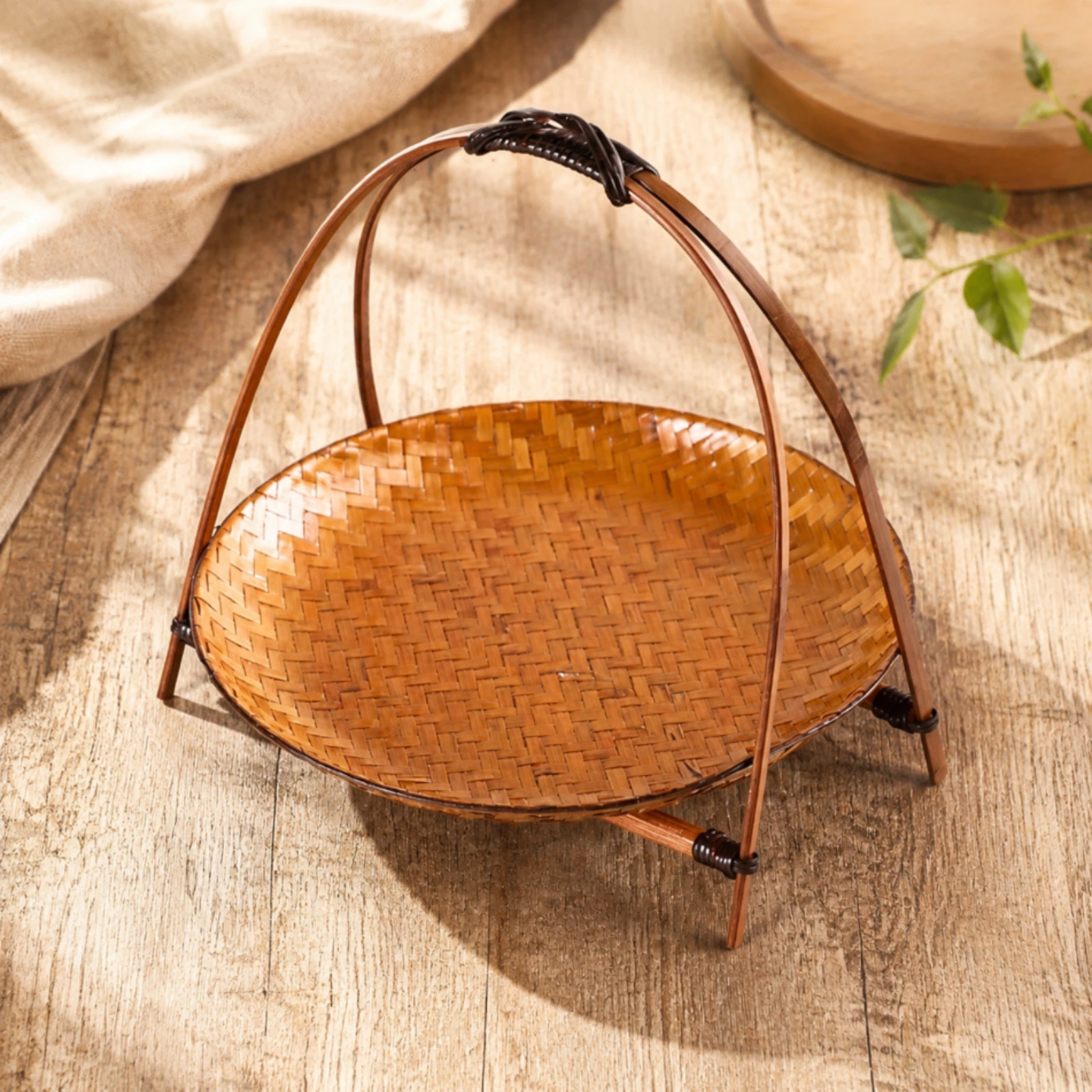 Woven Basket Tray with Stand Natural Bamboo Tray with Handle Basket with Handle Portable Versatile for Hosts, Tabletop Display