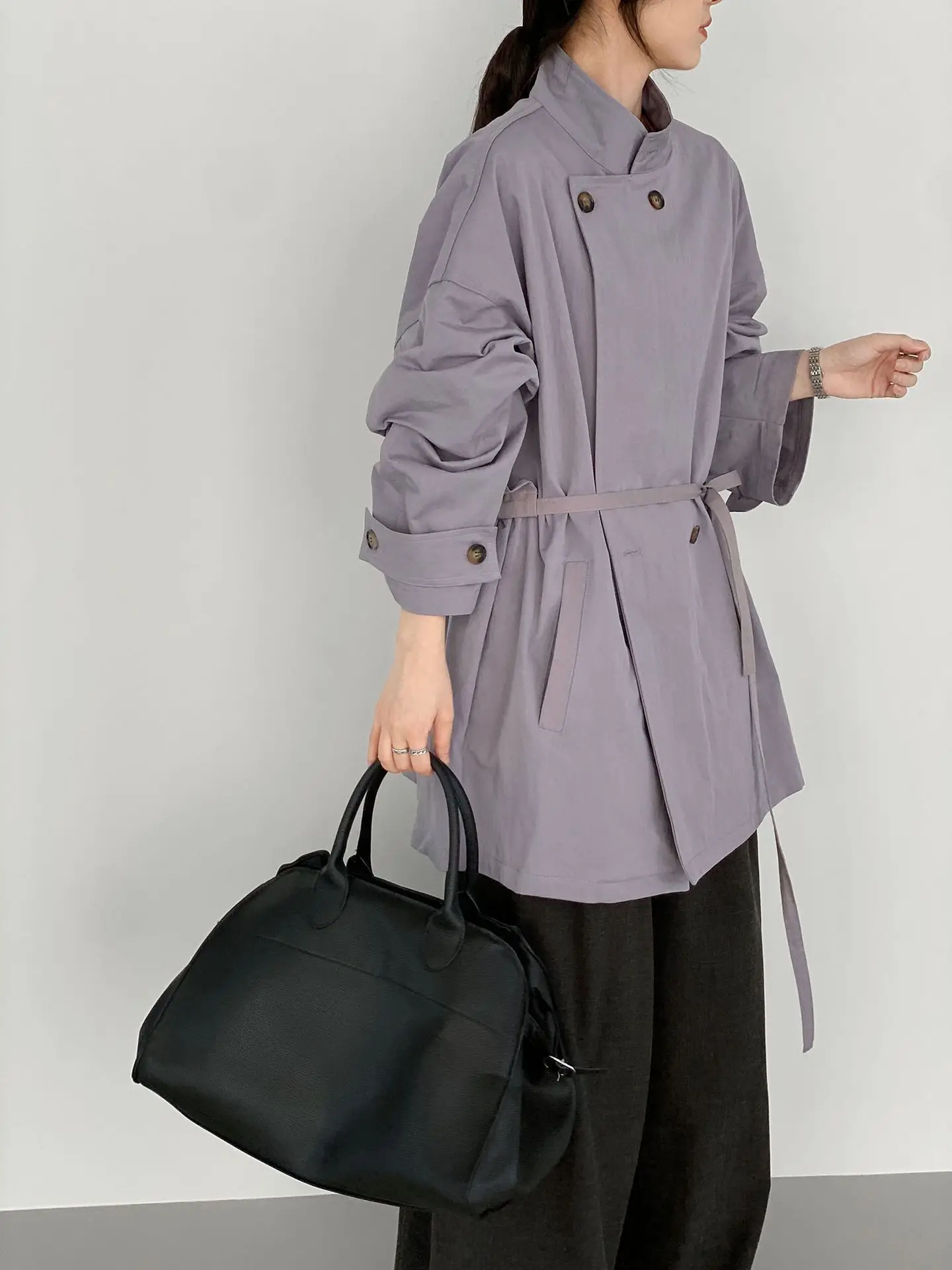 SuperAen Korean-style Purple Elegant Slim Stand Collar Trench Coat for Women Autumn New Loose Casual Drawstring Coats