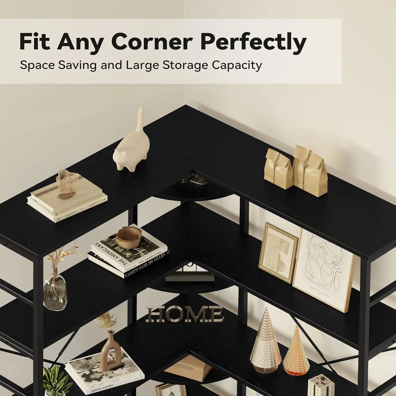 خزانة كتب على شكل حرف L بإطار معدني، أسود، لوحات منحنية لغرفة المعيشة والمكتب المنزلي #4