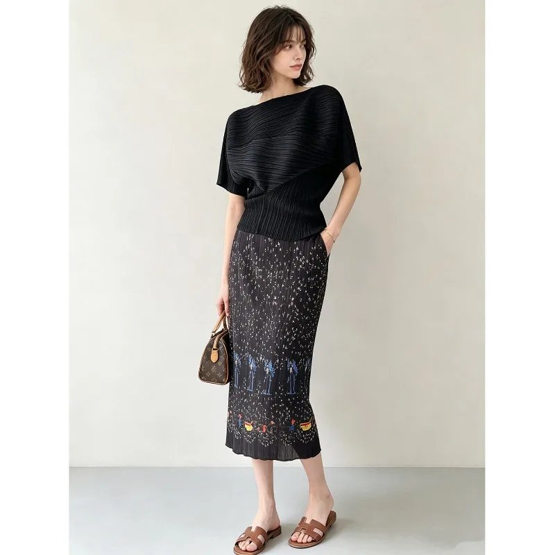 Miyake Pleated 2026 Printed Set for Women Summer Short Sleeve Top and Pleated Skirt Slimming and Fashionable Two-Piece Set Pleat